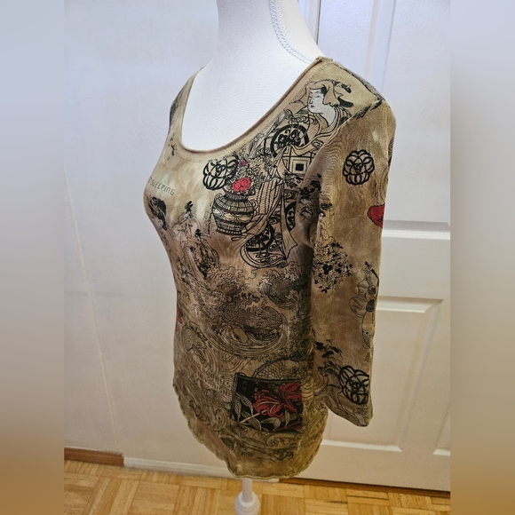 RARE NEW Y2K GLIMA Tan Red Tie Dye Print Japan Geisha Cotton Blouse Top S - Picture 5 of 9